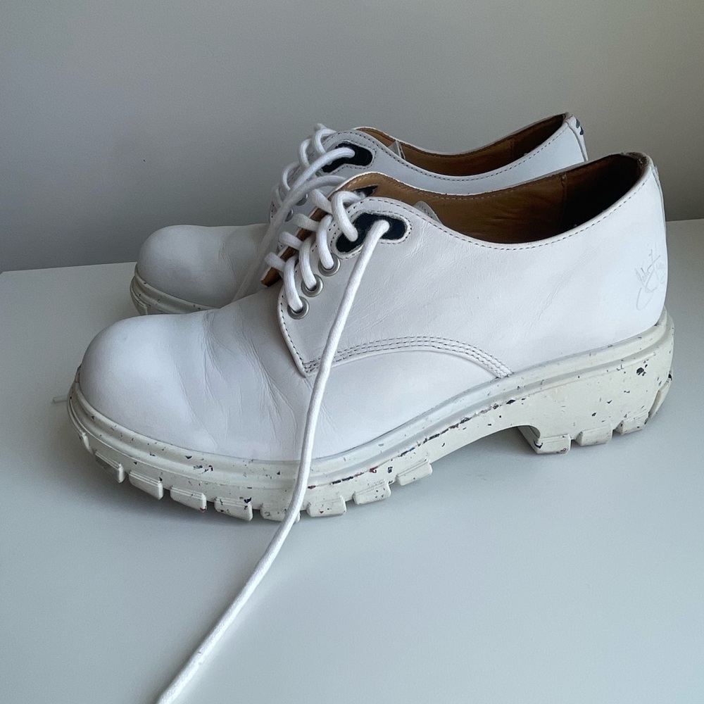 John Fluevog White Leather Derby Shoes with Chunky Lug Sole